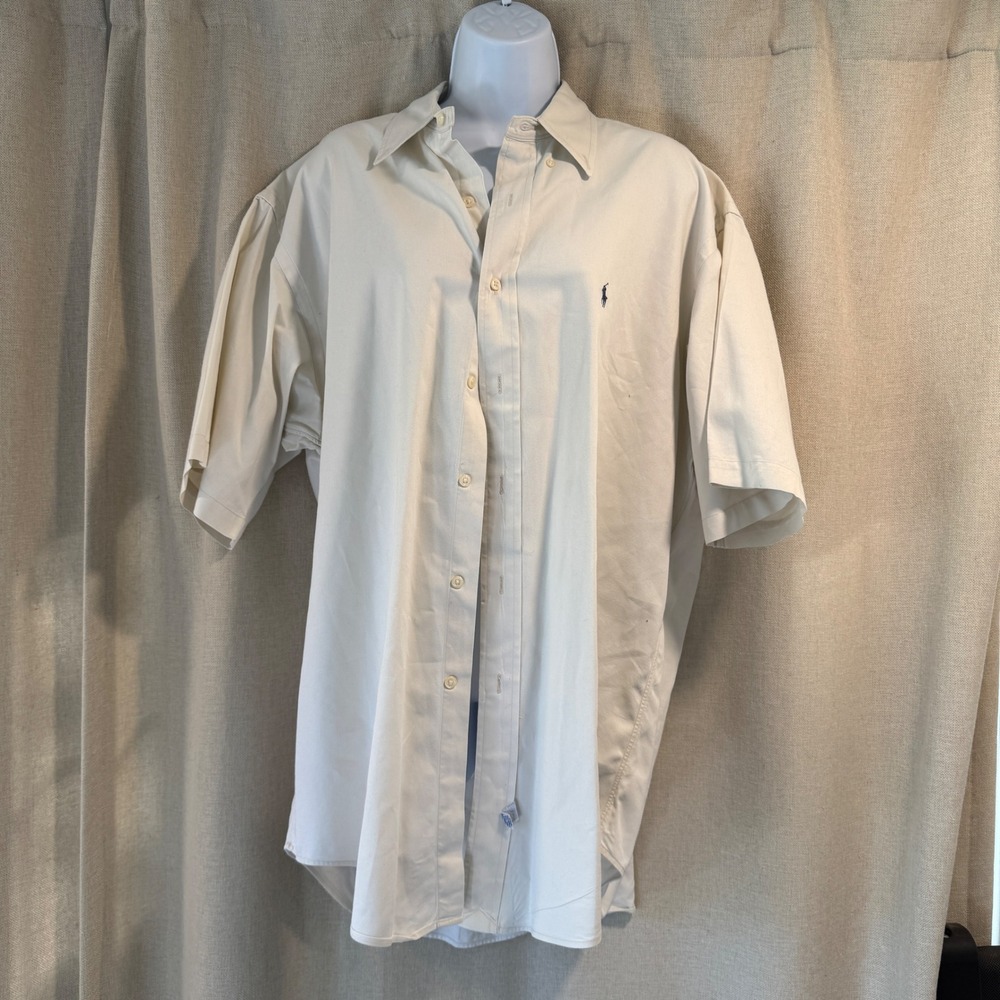 Ralph Lauren Mens Short Sleeve‎ Button Down Shirt Cream Polo Pony Logo Cotton